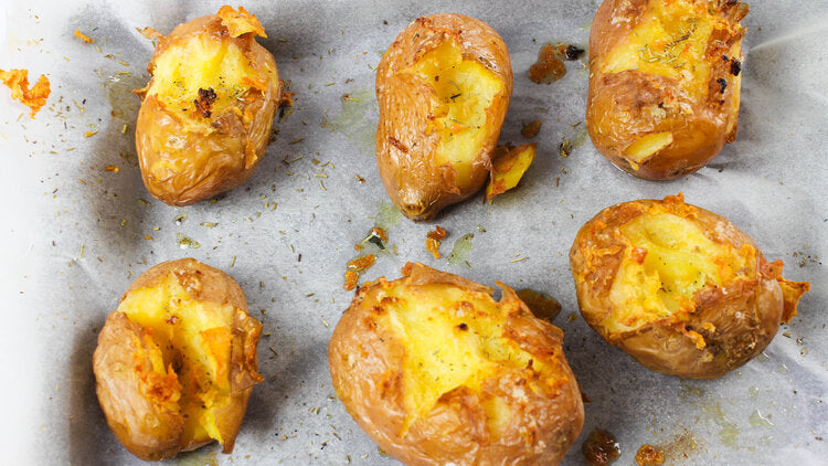 Rosemary Potato Smash baked with Extra Virgin Olive Oil