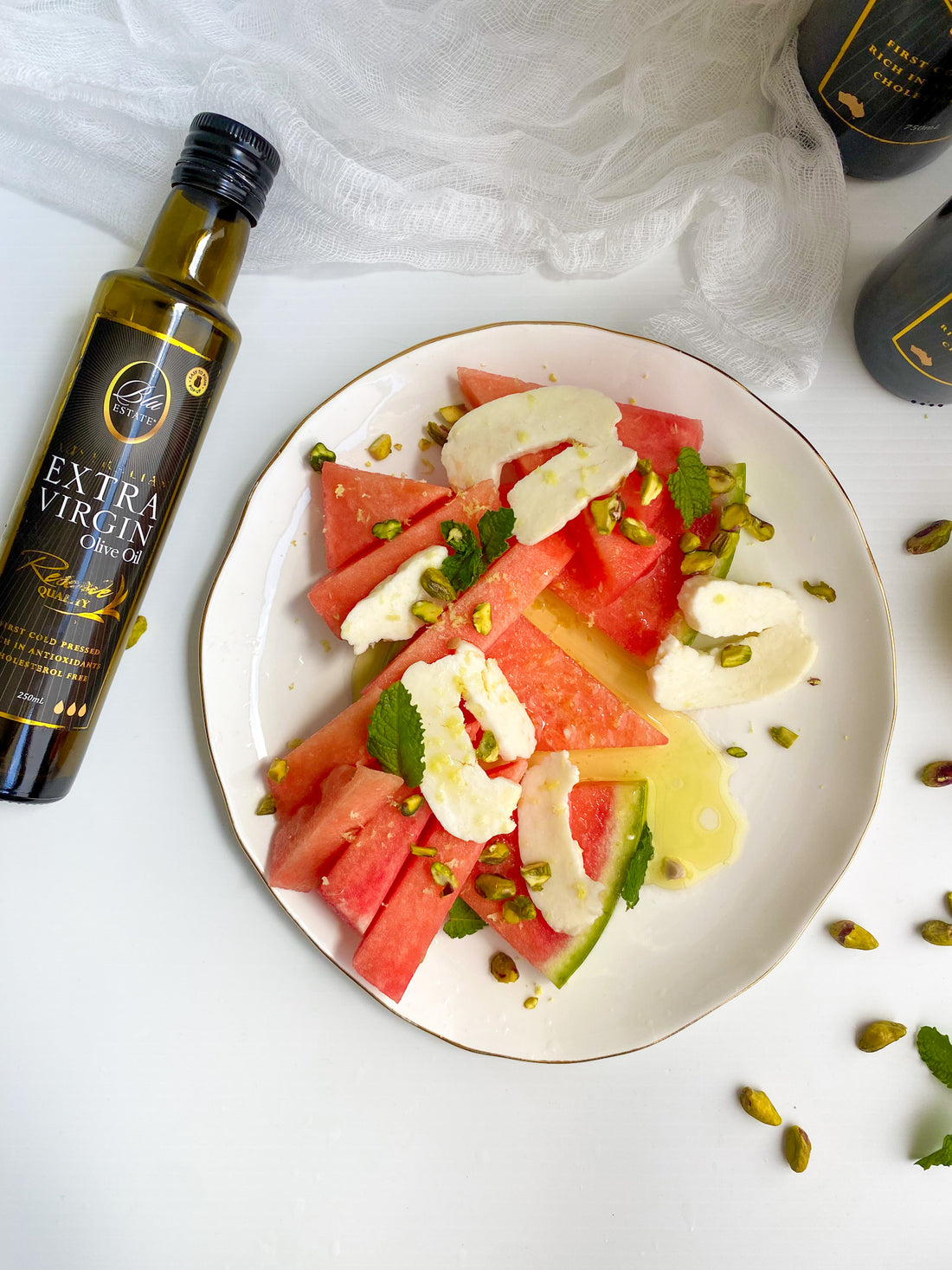 Watermelon with halloumi and pistachios