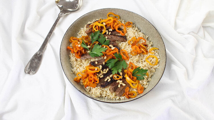 Porterhouse with pepper pine nut rice